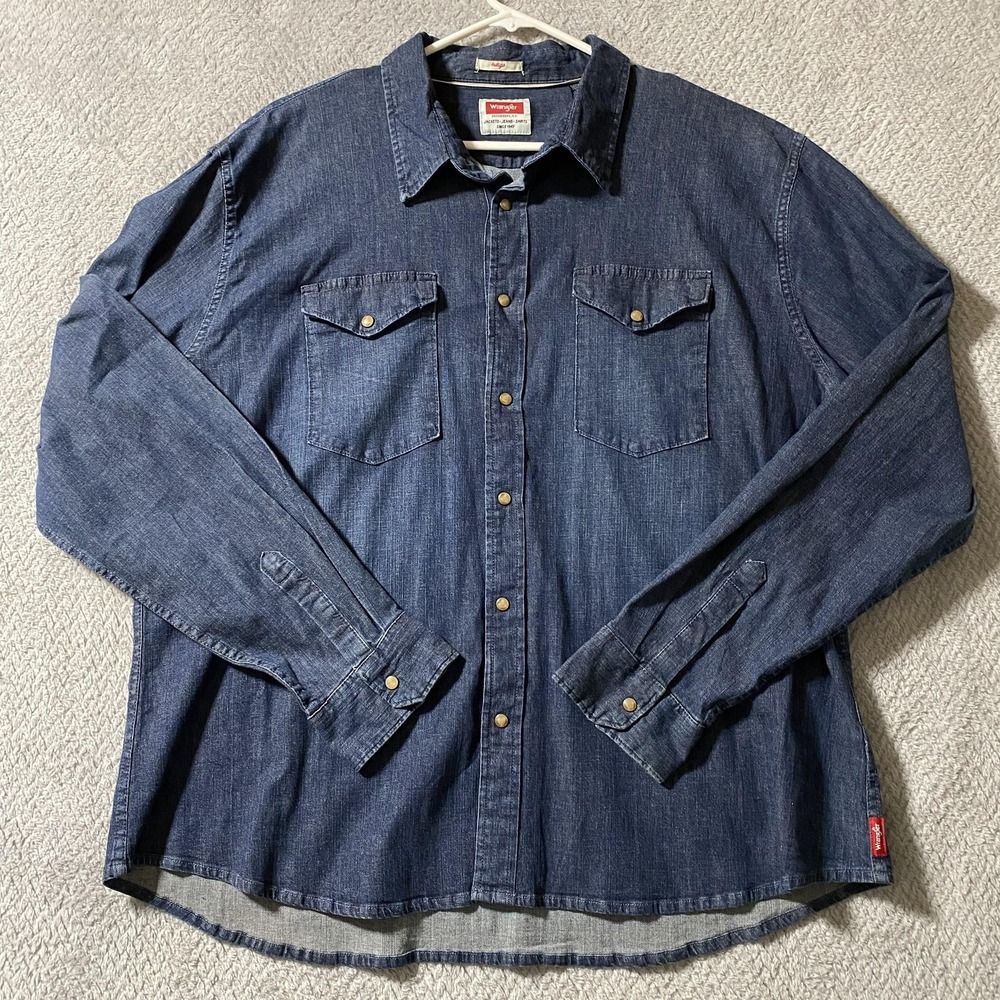 Wrangler Shirt Mens 3XL Blue Denim Western Snap Front Long Sleeve Casual Stretch